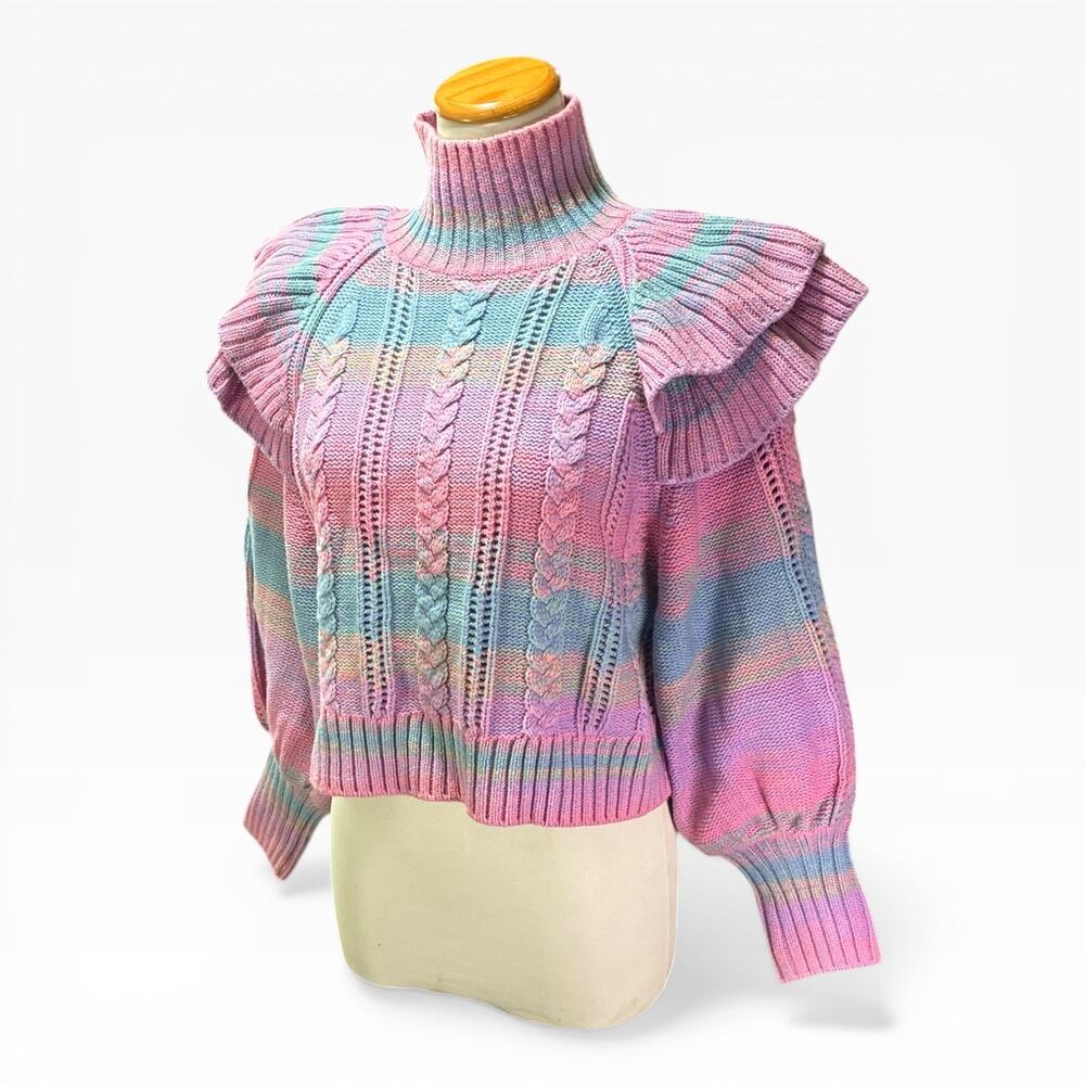 Pastel Rainbow Cable Knit Sweater XS Something Navy Ruffle Shoulder Knit Preppy - Picture 5 of 10